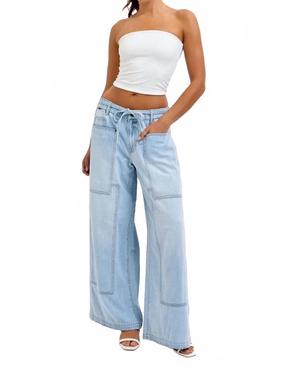 NEW HIDDEN drawstring utility pocket wide leg jeans in medium light wash